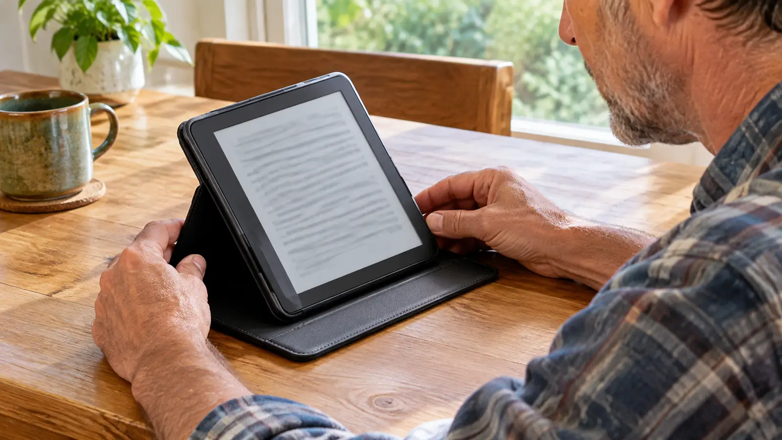 Hands adjusting an e-reader propped in a folded stand case on a wooden table