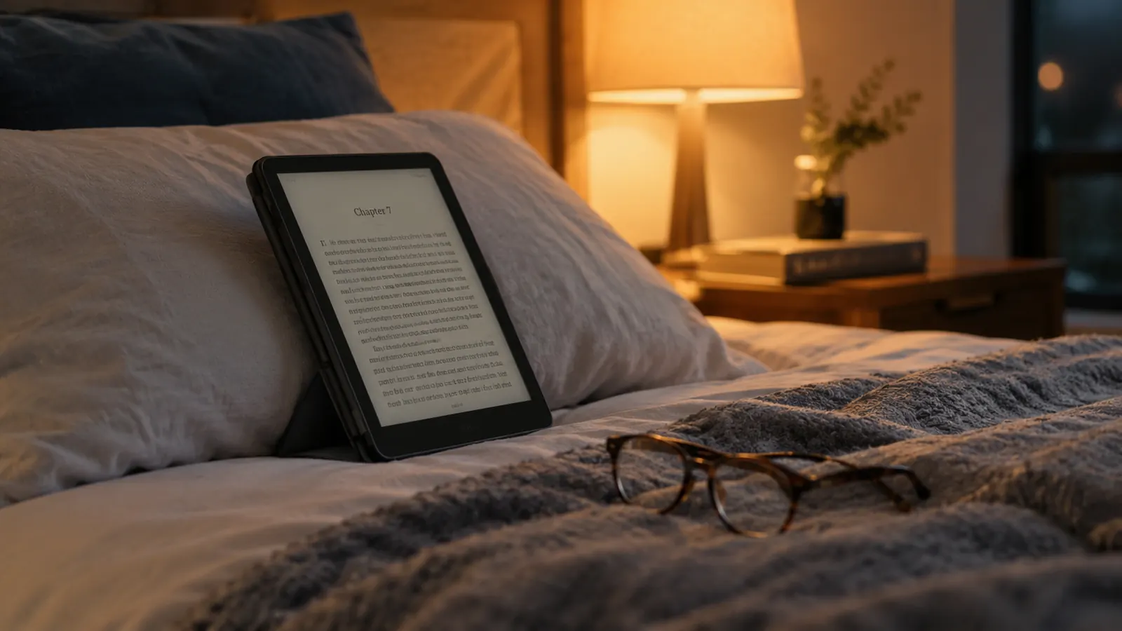 An e-reader in a stand case propped on a pillow on a bed with a warm lamp lit and reading glasses nearby