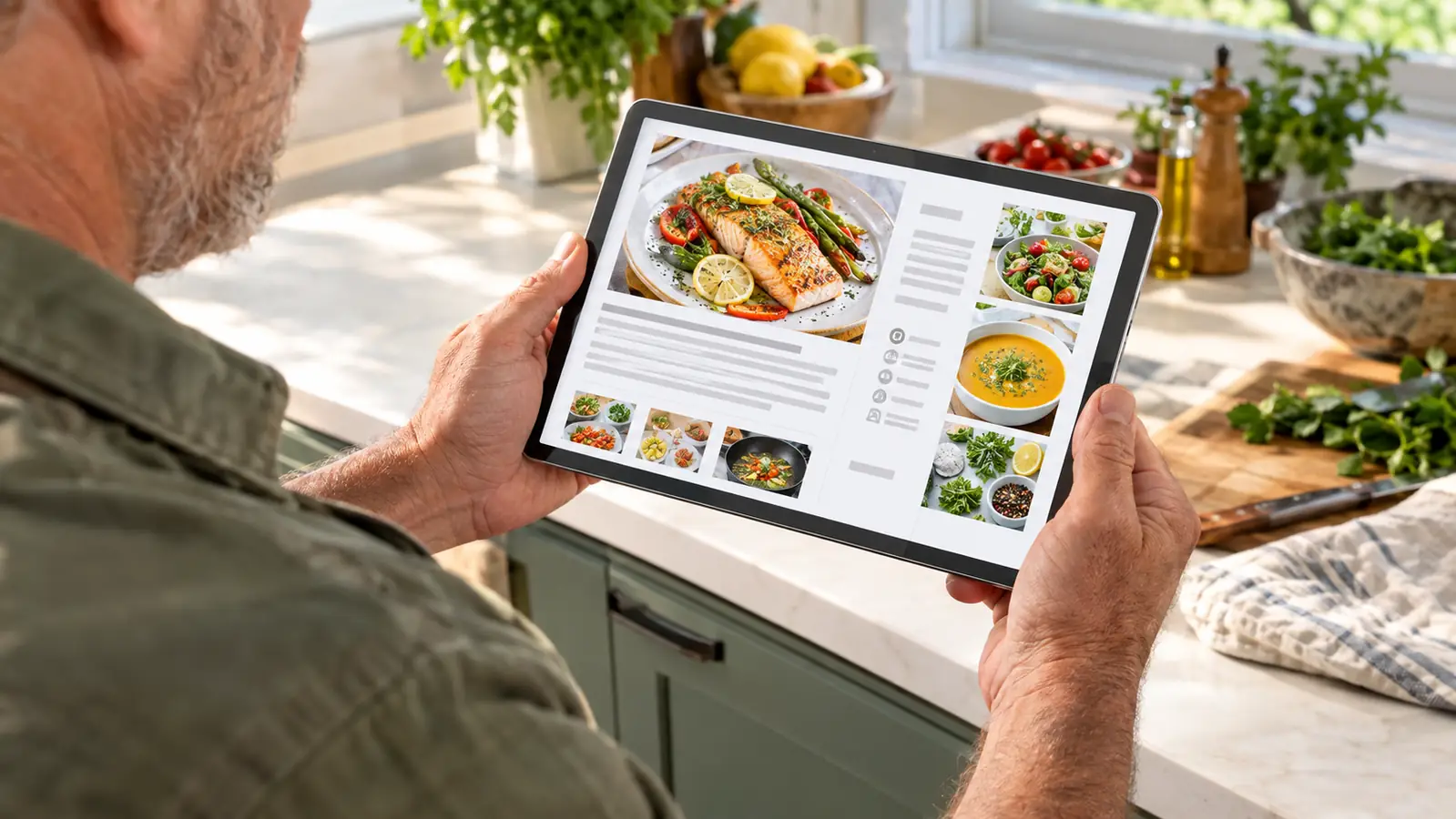 A hand holding a tablet that displays a full-color cookbook page in a bright kitchen