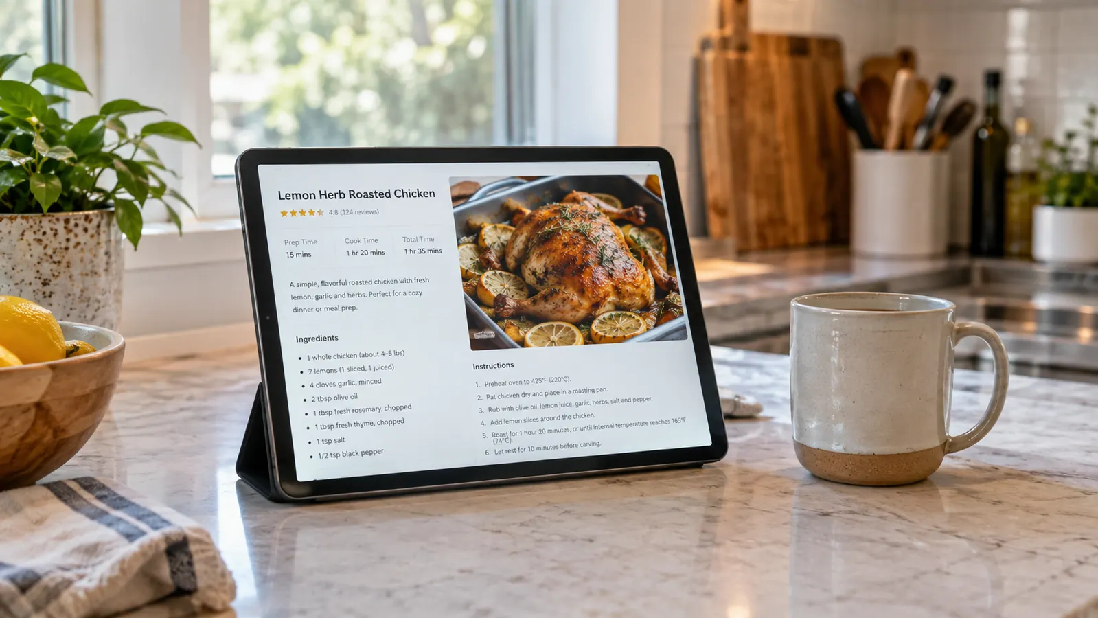 A tablet propped on a kitchen counter showing an open recipe, with a ceramic mug beside it