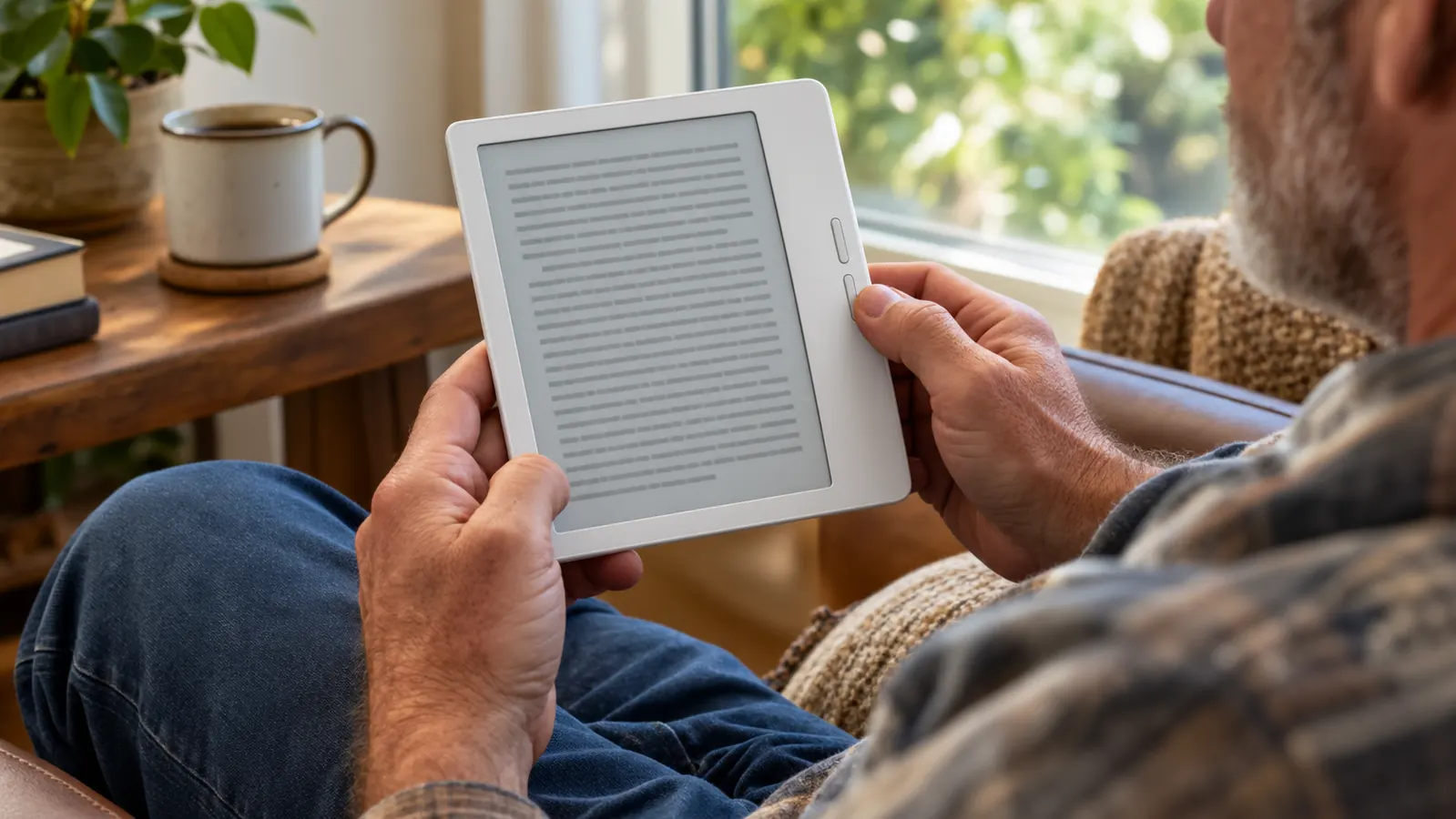 A hand holding an e-reader with a thumb resting on a page-turn button