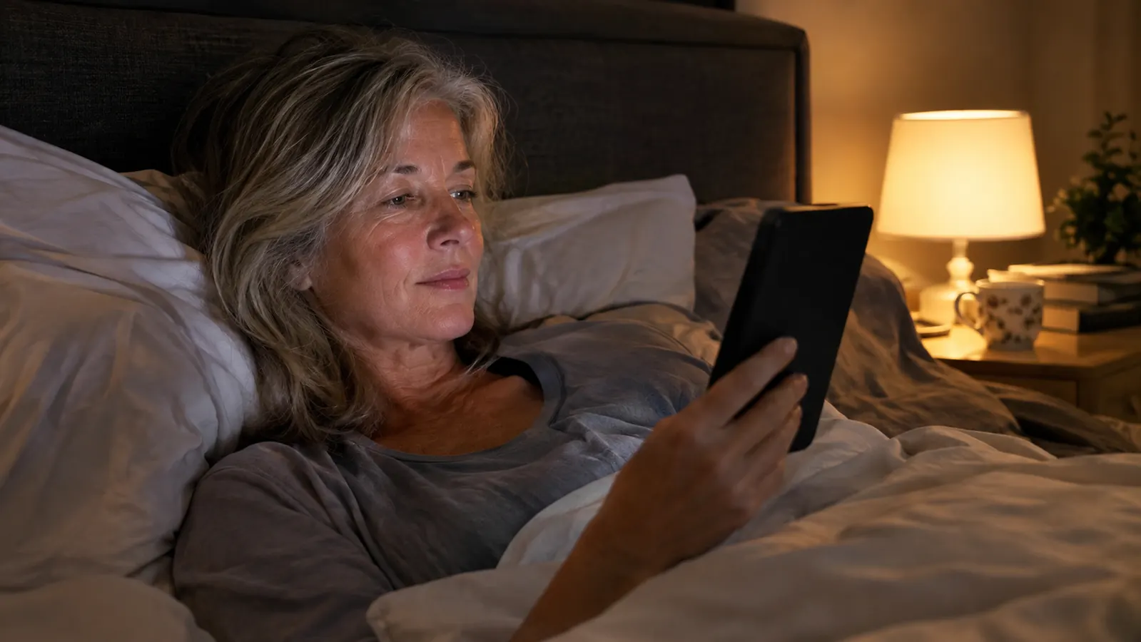 A woman in her sixties reading an e-reader in bed in warm low light