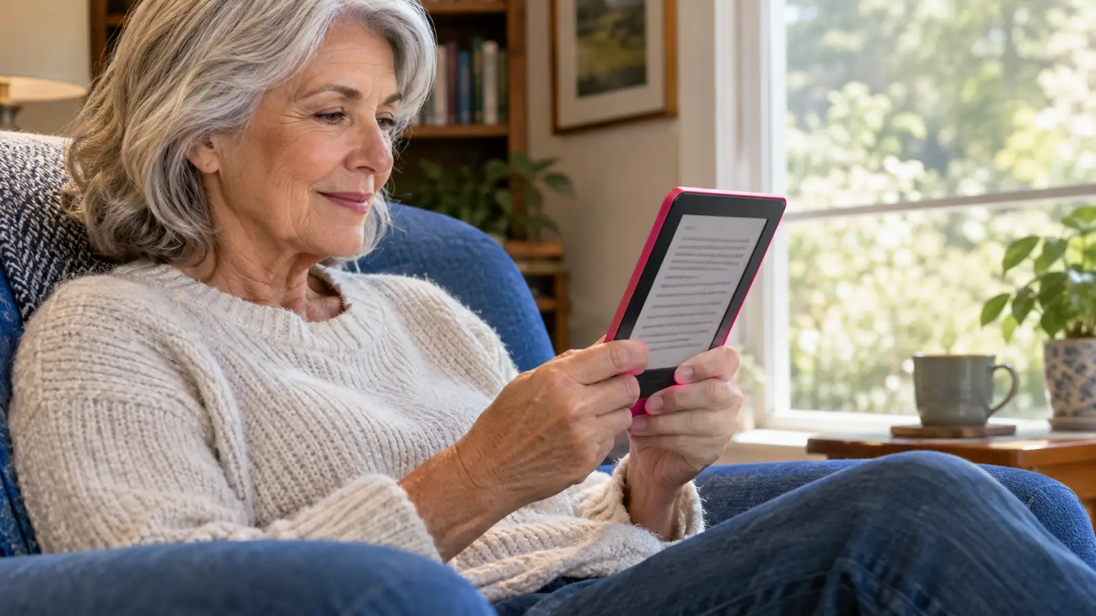 A woman in her sixties holding an e-reader in a blue armchair by a window, daylight on the screen