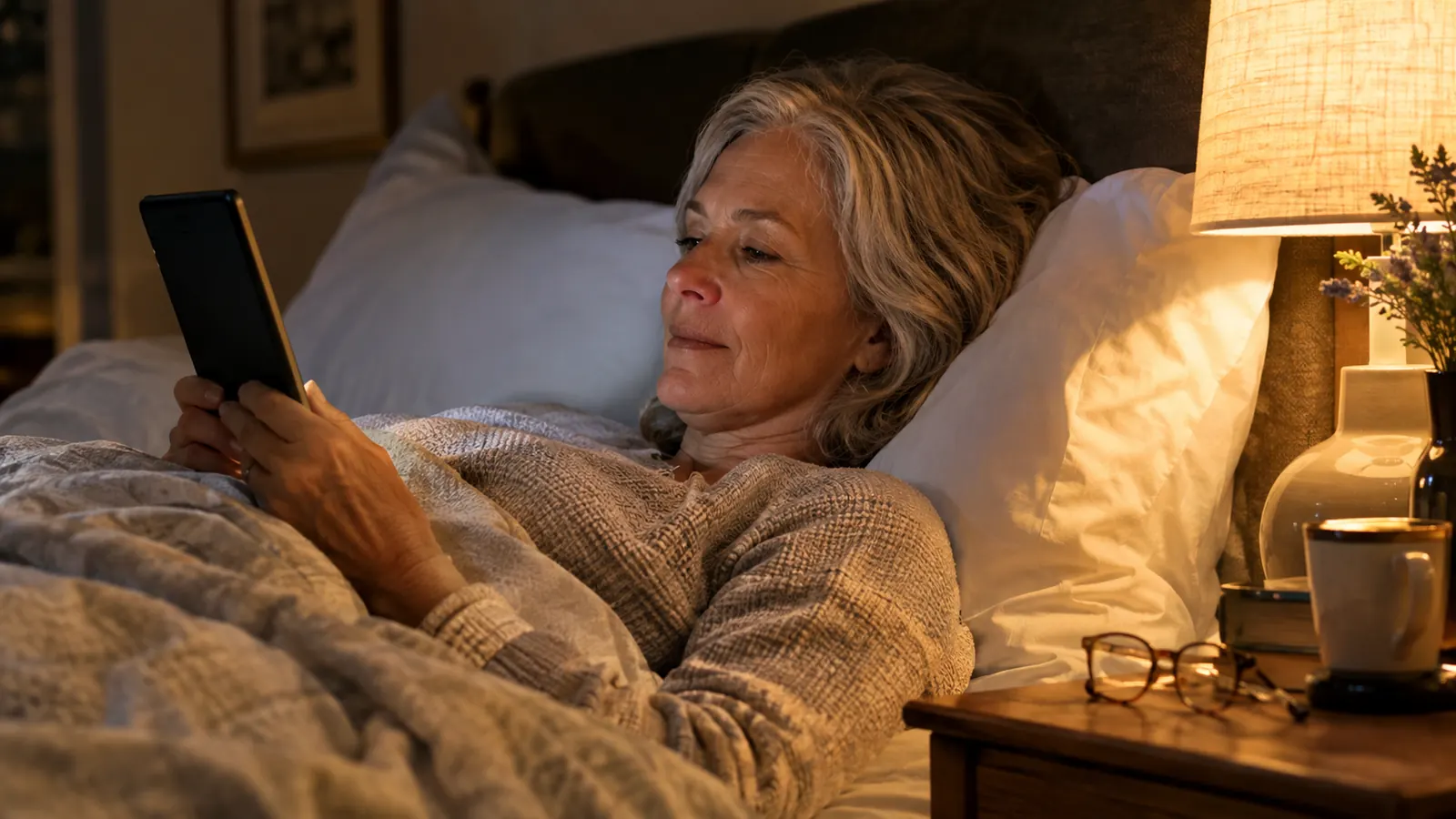 A woman in her sixties reading an e-reader in bed under a warm bedside lamp, glasses on the nightstand