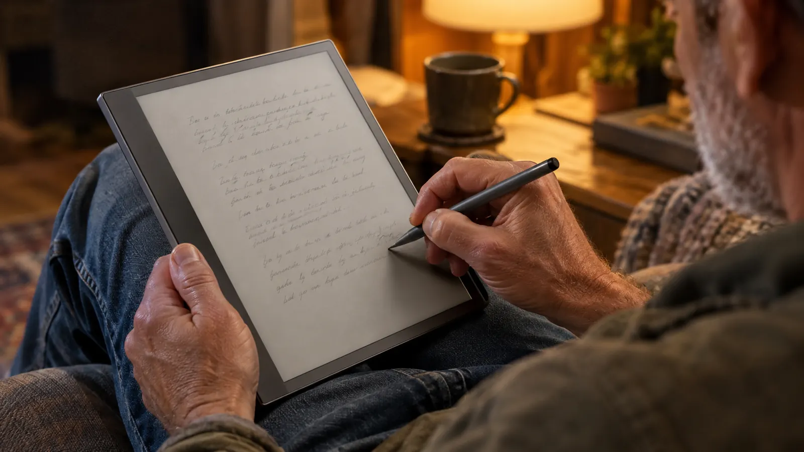 Close-up of a hand writing a handwritten note on an e-reader screen with a stylus