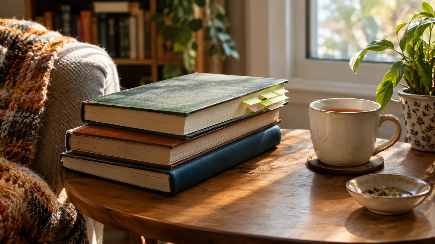 A stack of hardcover books and a cup of tea on a wooden side table, sticky notes tucked into the pages