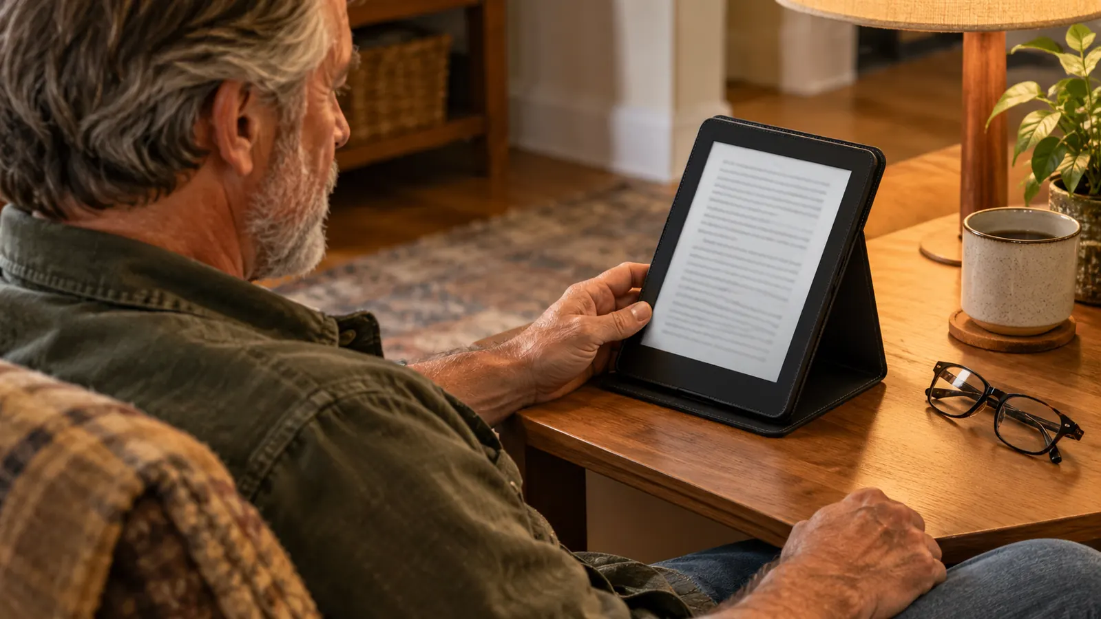 A Kindle Paperwhite in a faux leather stand case, cover folded back to form a stand, resting on a wooden side table