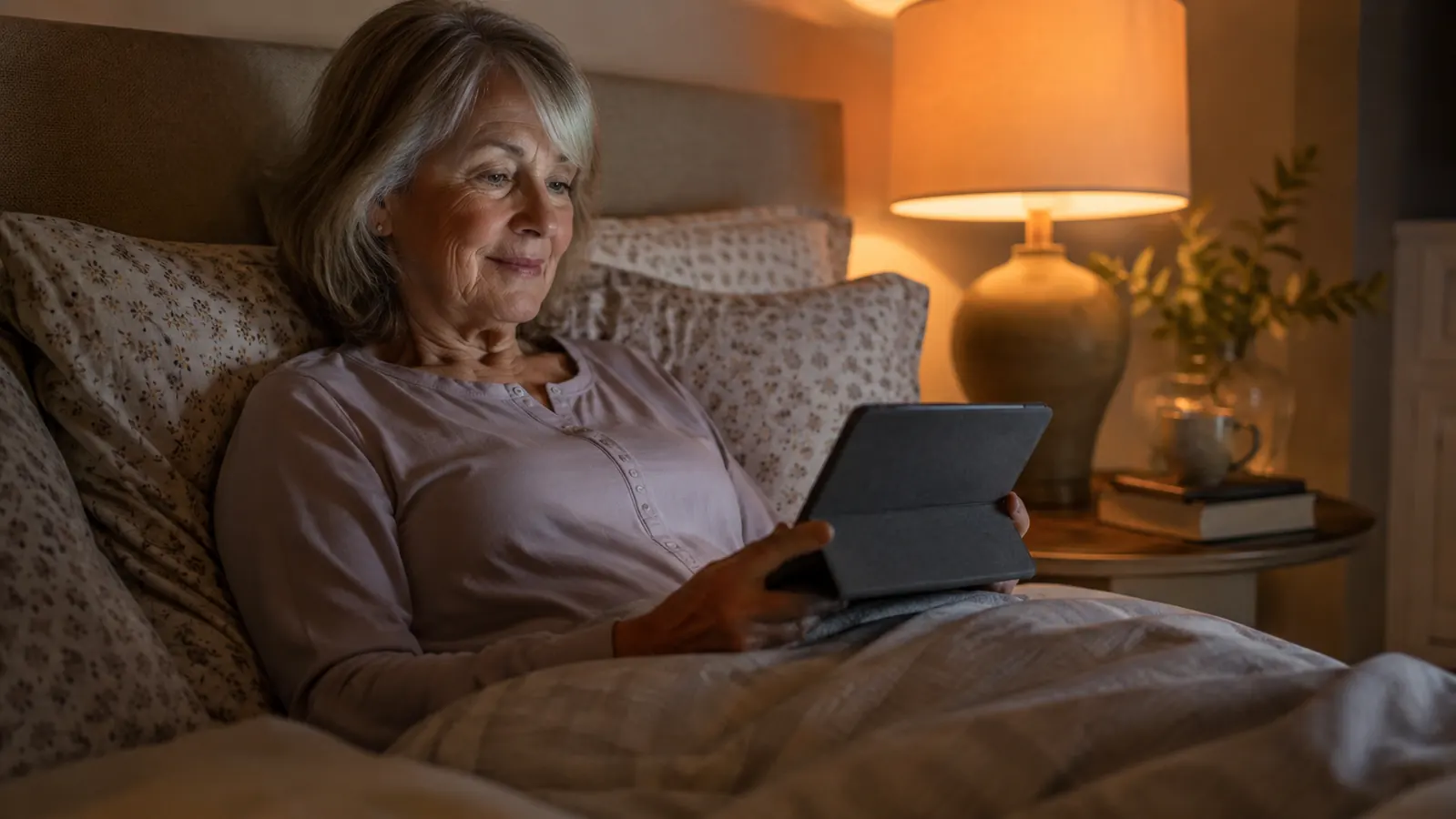 A woman in her sixties reading an e-reader propped on a folded stand case while sitting in bed at night