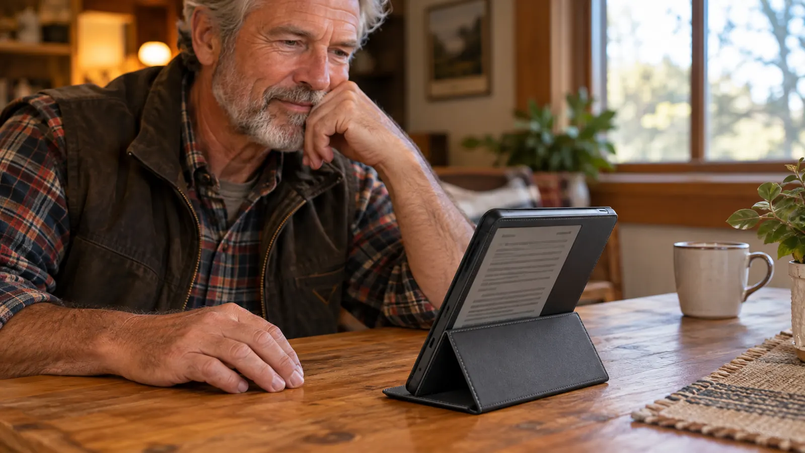 an e-reader propped in its folio case with the back cover folded into a stand on a wooden table