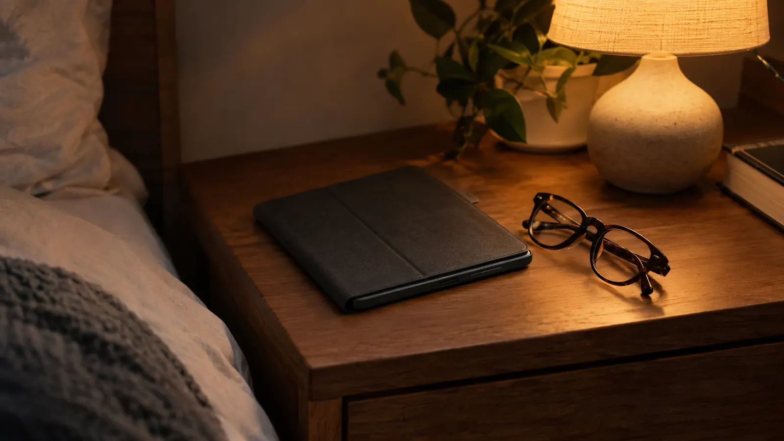 a closed e-reader in its case on a nightstand beside reading glasses and a small lamp, evening light