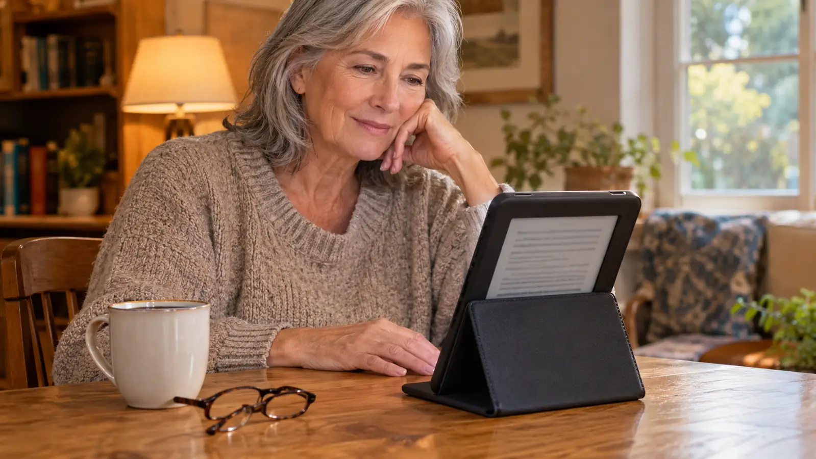 A woman in her sixties reading an e-reader propped upright in its stand case on a table, a coffee mug and reading glasses nearby