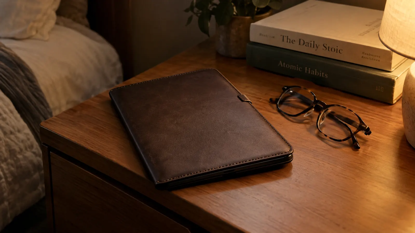A closed faux leather e-reader case on a nightstand beside reading glasses and a small stack of books in low evening light