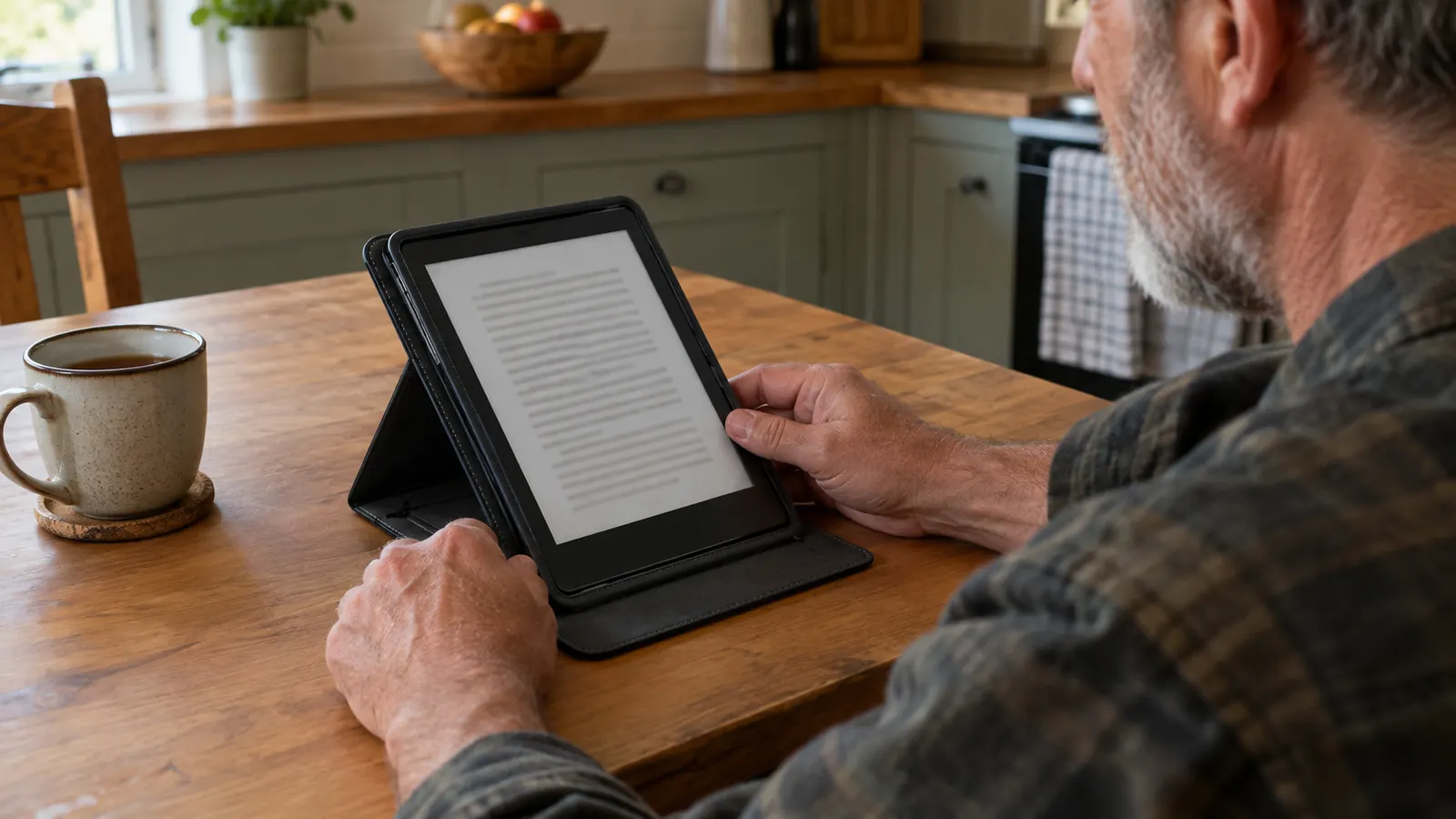 Hands holding an e-reader in a case, the case folded back to prop the device on a kitchen table