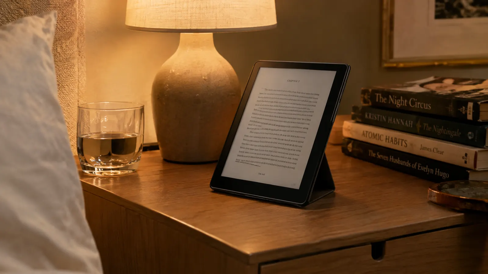 E-reader propped in a stand on a nightstand beside a lamp and a stack of library books