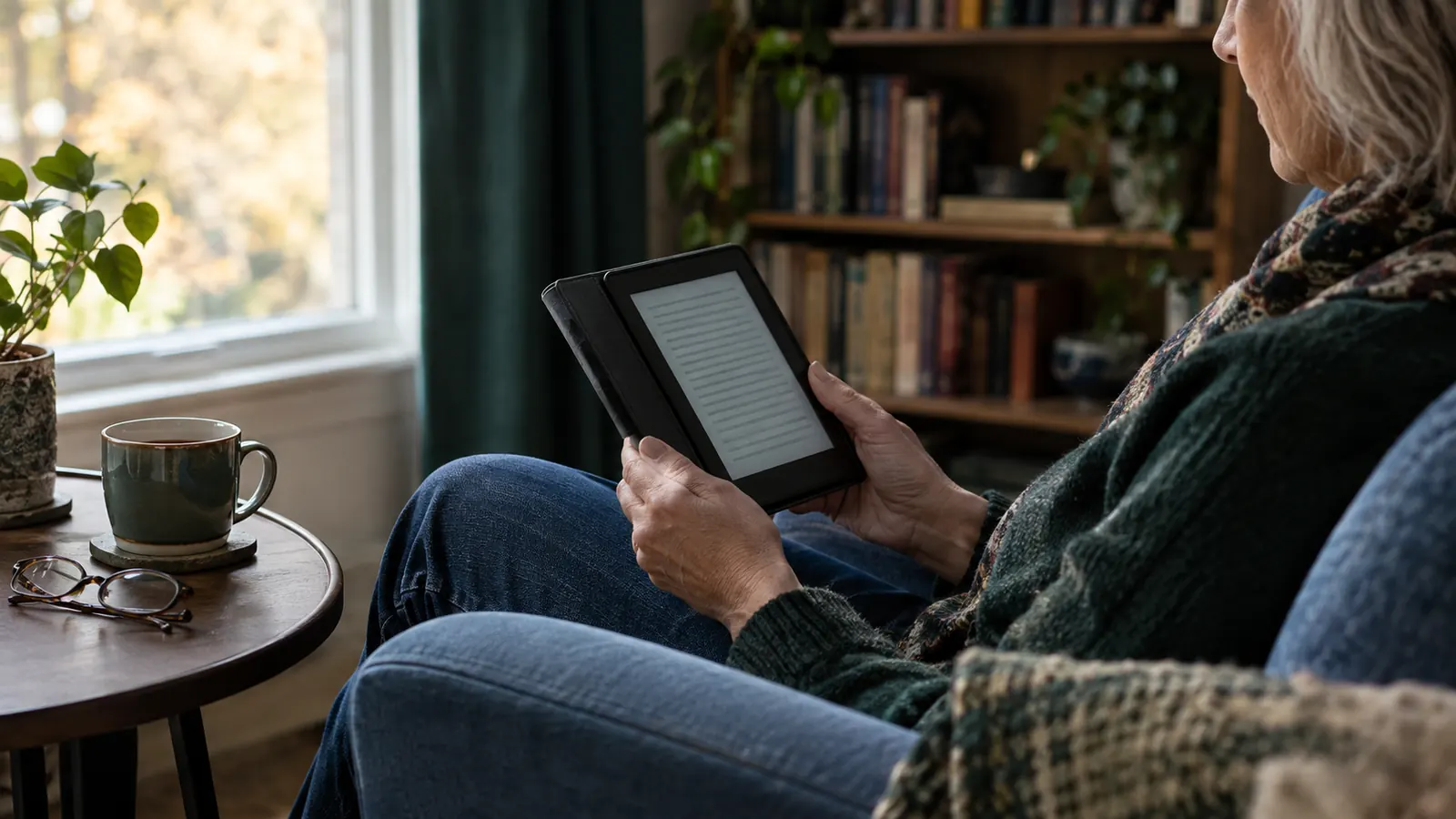 A woman in her sixties reading an e-reader in a dark folio cover in a blue armchair by a living-room window, with tea and reading glasses on a side table