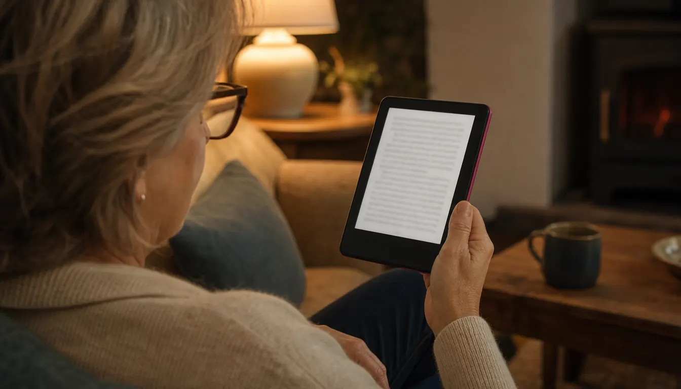 A hand holding an e-reader with an open book page on the screen, resting in a lap in a living room with warm lamp light