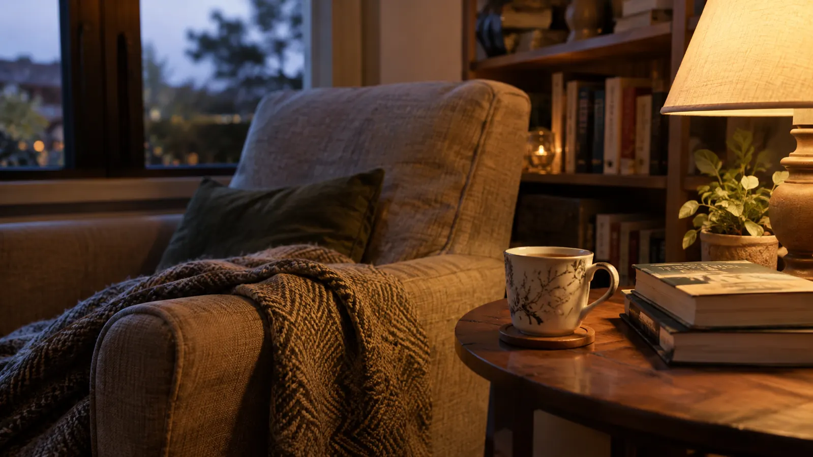A reading corner in the evening with a cup of tea on a small table beside an armchair and a stack of books