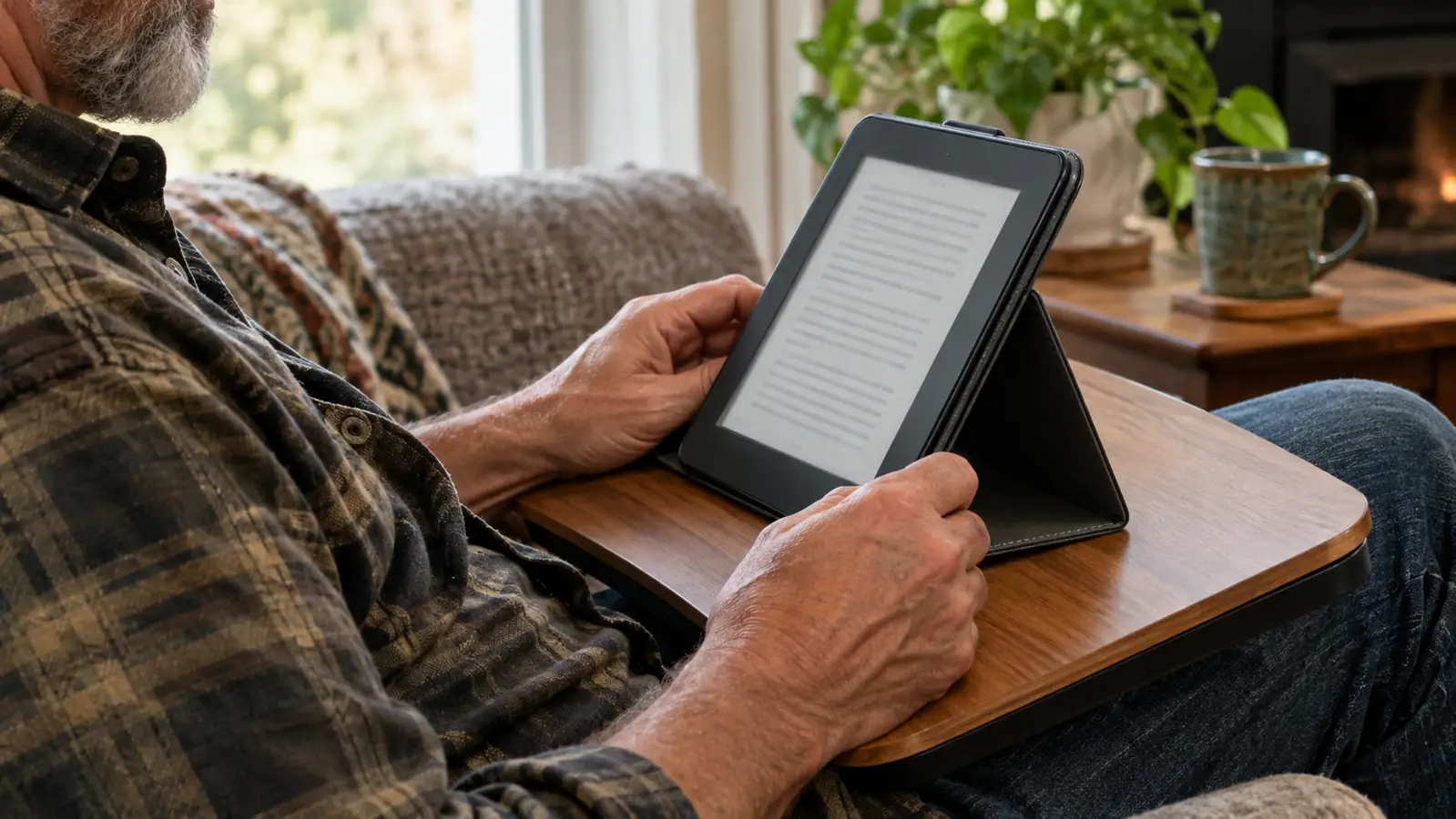Hands holding an e-reader with a folded-back stand case resting on a lap desk