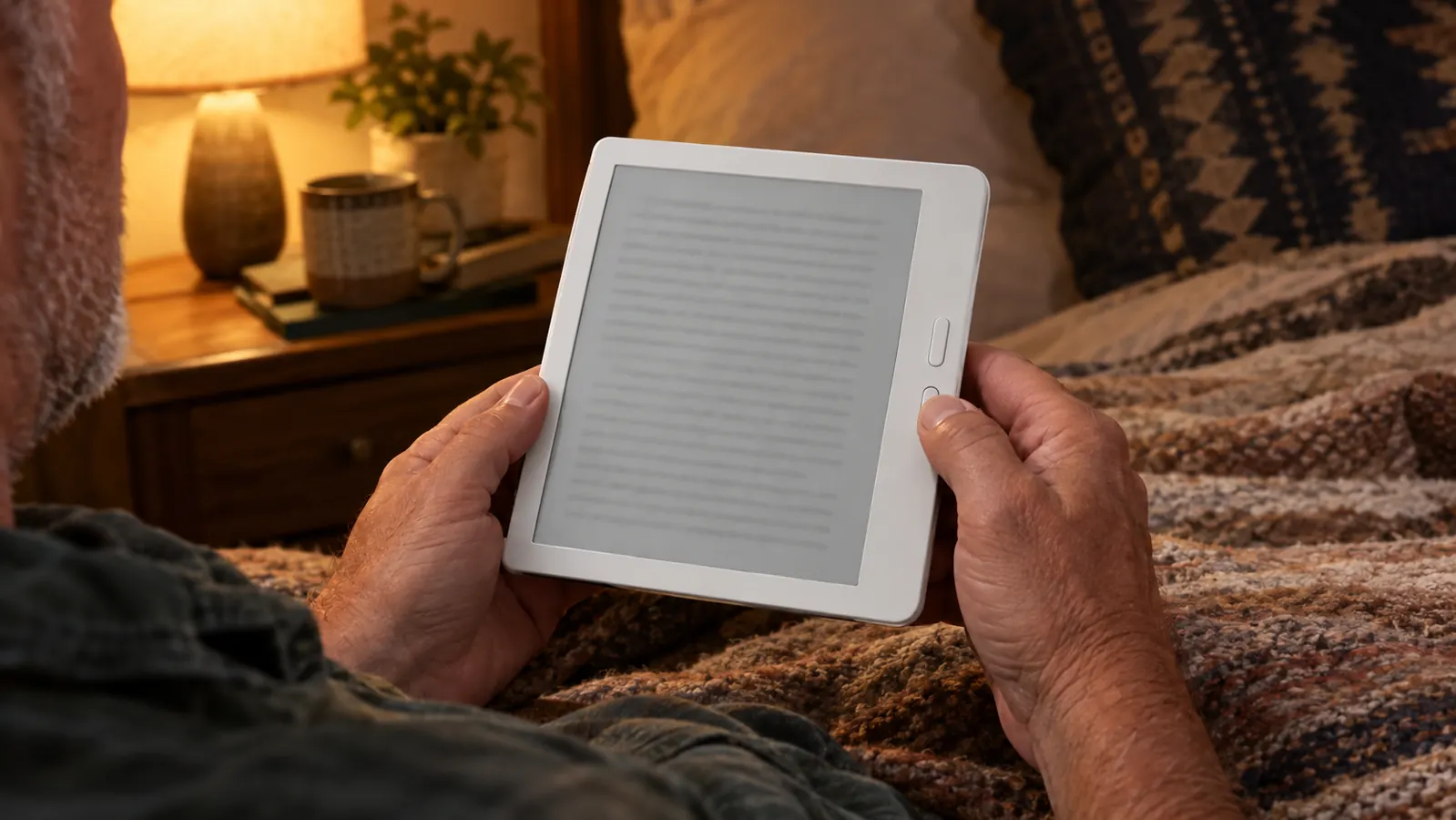 A hand holding an e-reader with page-turn buttons, thumb resting on the button, in bed at night