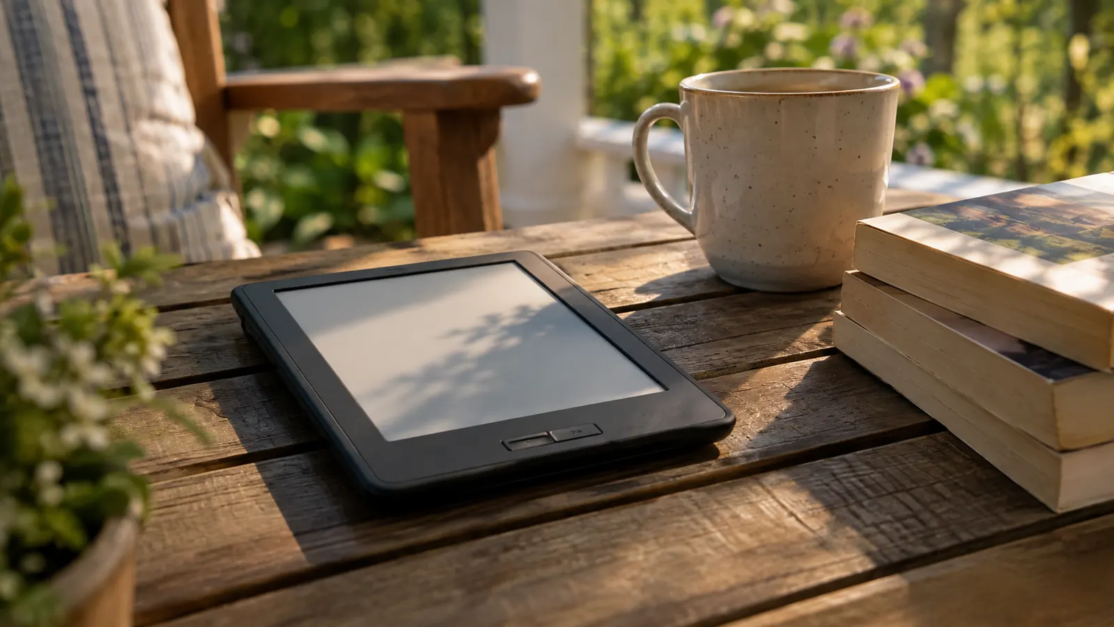 An e-reader lying on a wooden porch table beside a mug and a stack of books