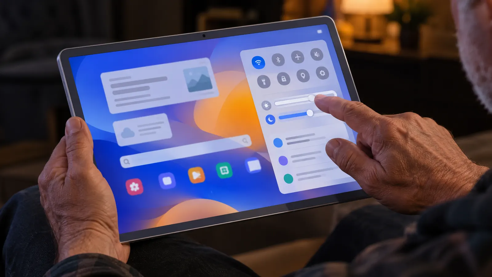 A hand adjusting the brightness and eye comfort settings on a tablet screen in a dark room