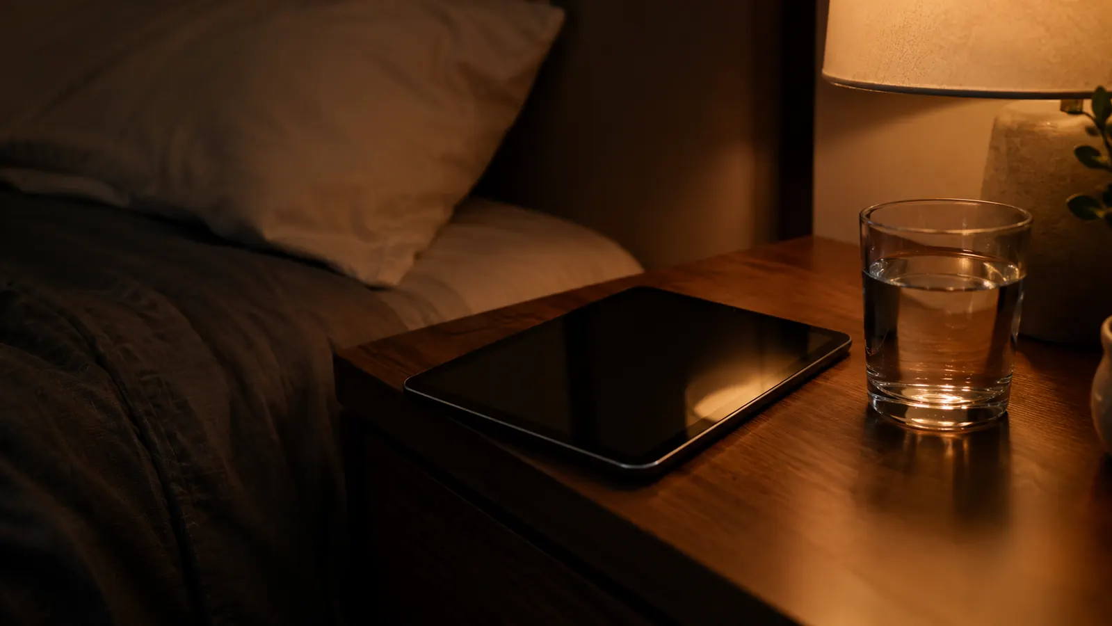A tablet on a small bedside table with warm low light and a glass of water