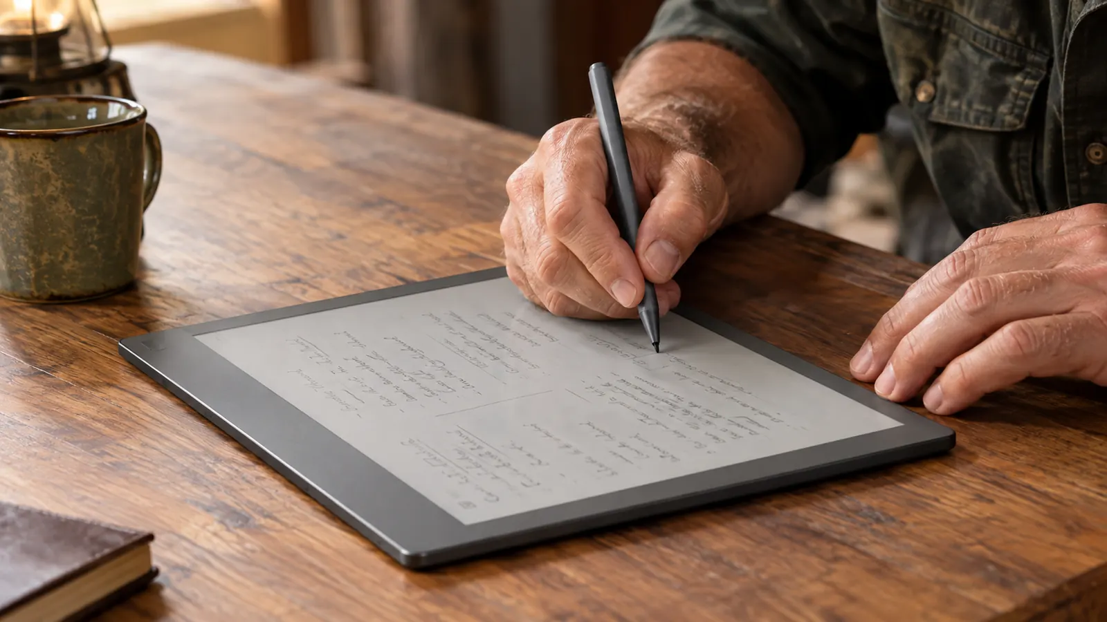 A close-up of a hand writing with a stylus on the screen of a large e-reader resting on a table