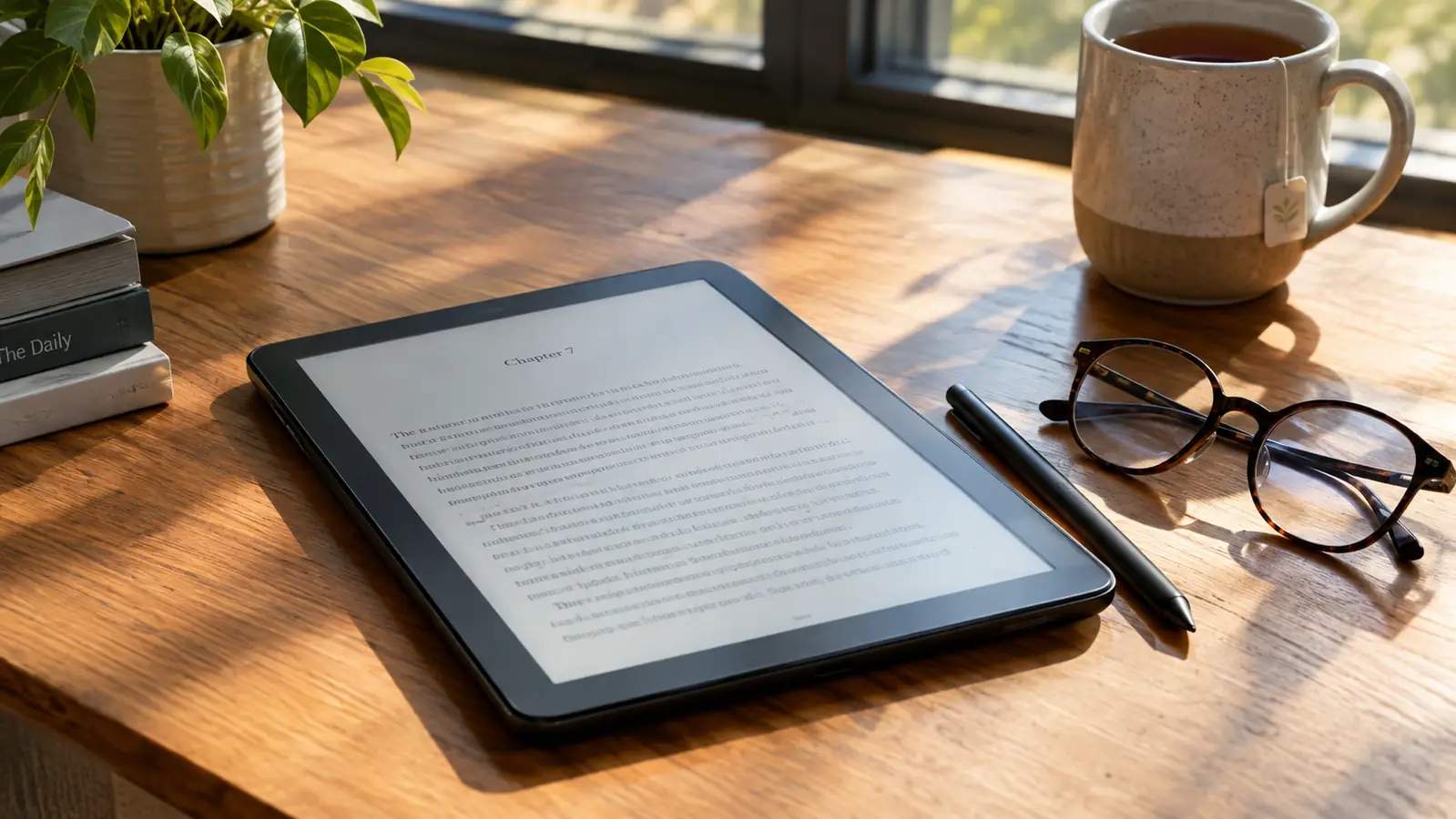 A large e-reader lying on a wooden table beside reading glasses, a stylus, and a mug of tea