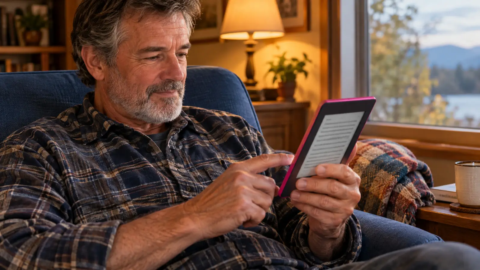 A woman's hands holding a small e-reader in a blue armchair, one finger at the edge of the screen
