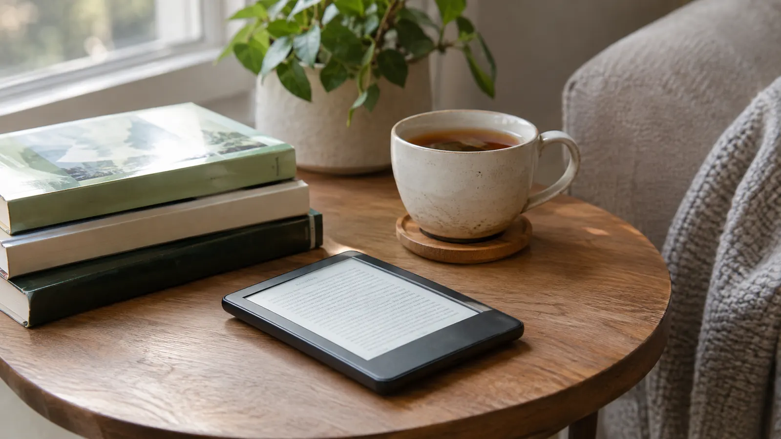 An e-reader lying on a wooden side table beside a small stack of books and a cup of tea