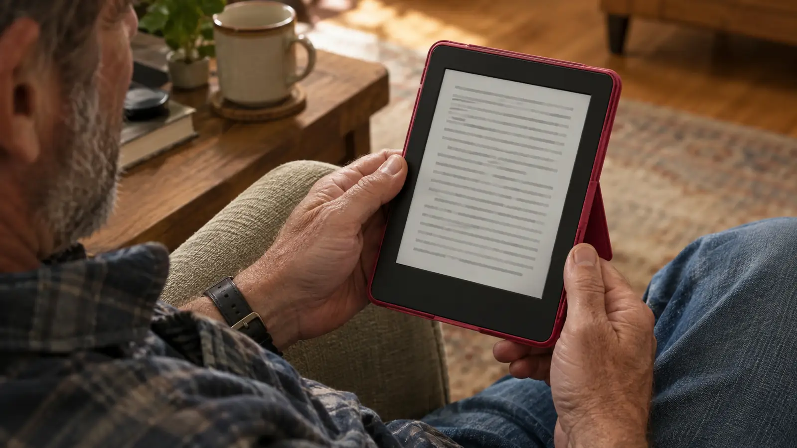 Hands holding an e-reader in a stand case with a page of text on the screen