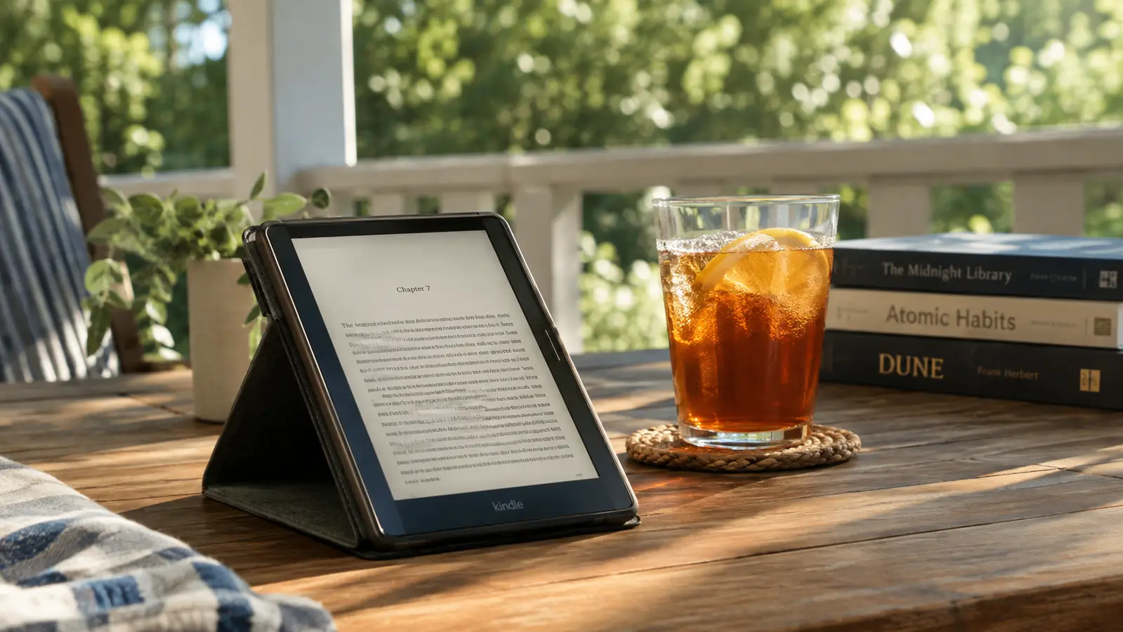 An e-reader on a porch table beside a glass of iced tea with a stack of books in the background