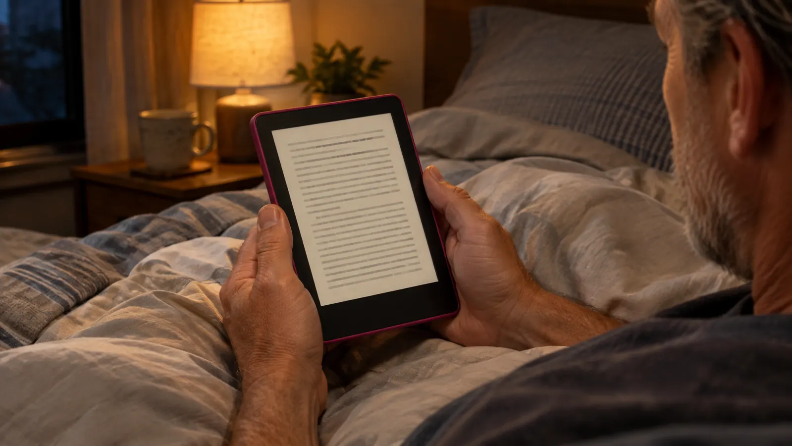 Hands holding an e-reader in bed at night, the screen softly glowing