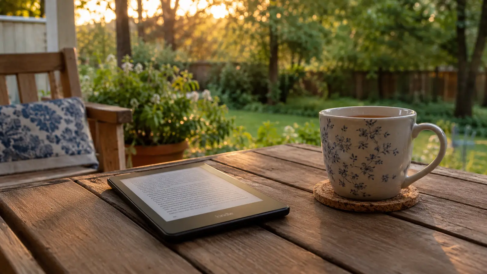 An e-reader lying on a wooden porch table next to a mug of tea in the evening