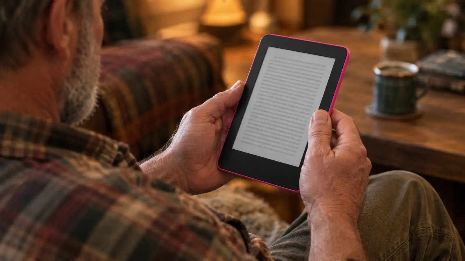 A reader holding an e-reader with one hand and turning a page with the other