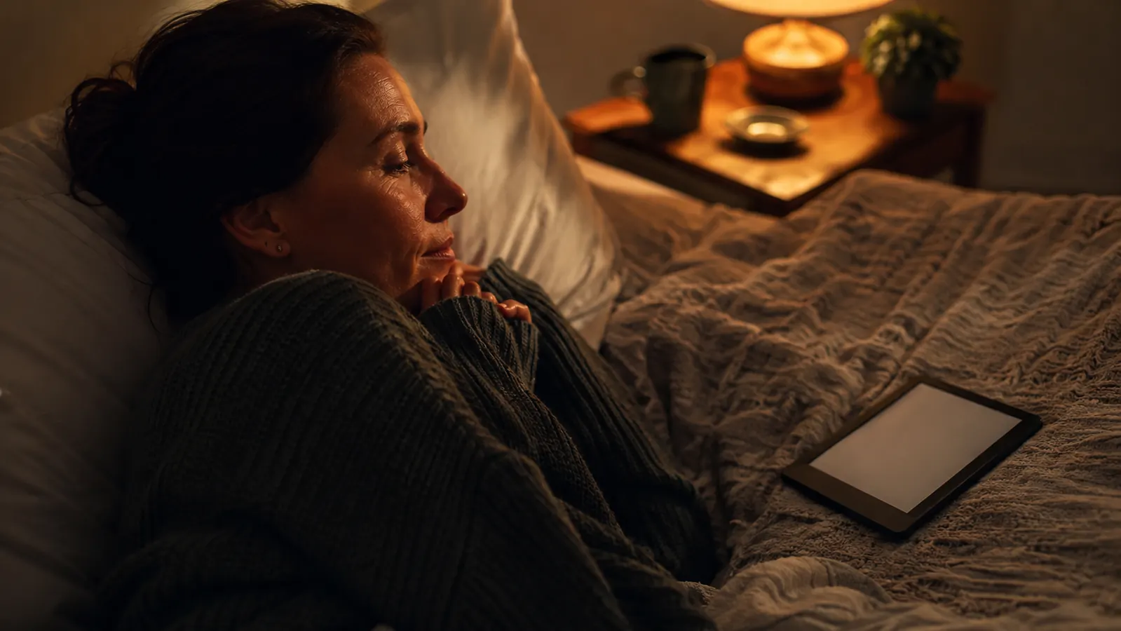A reader reading in bed with an e-reader on the blanket and a warm lamp on the nightstand