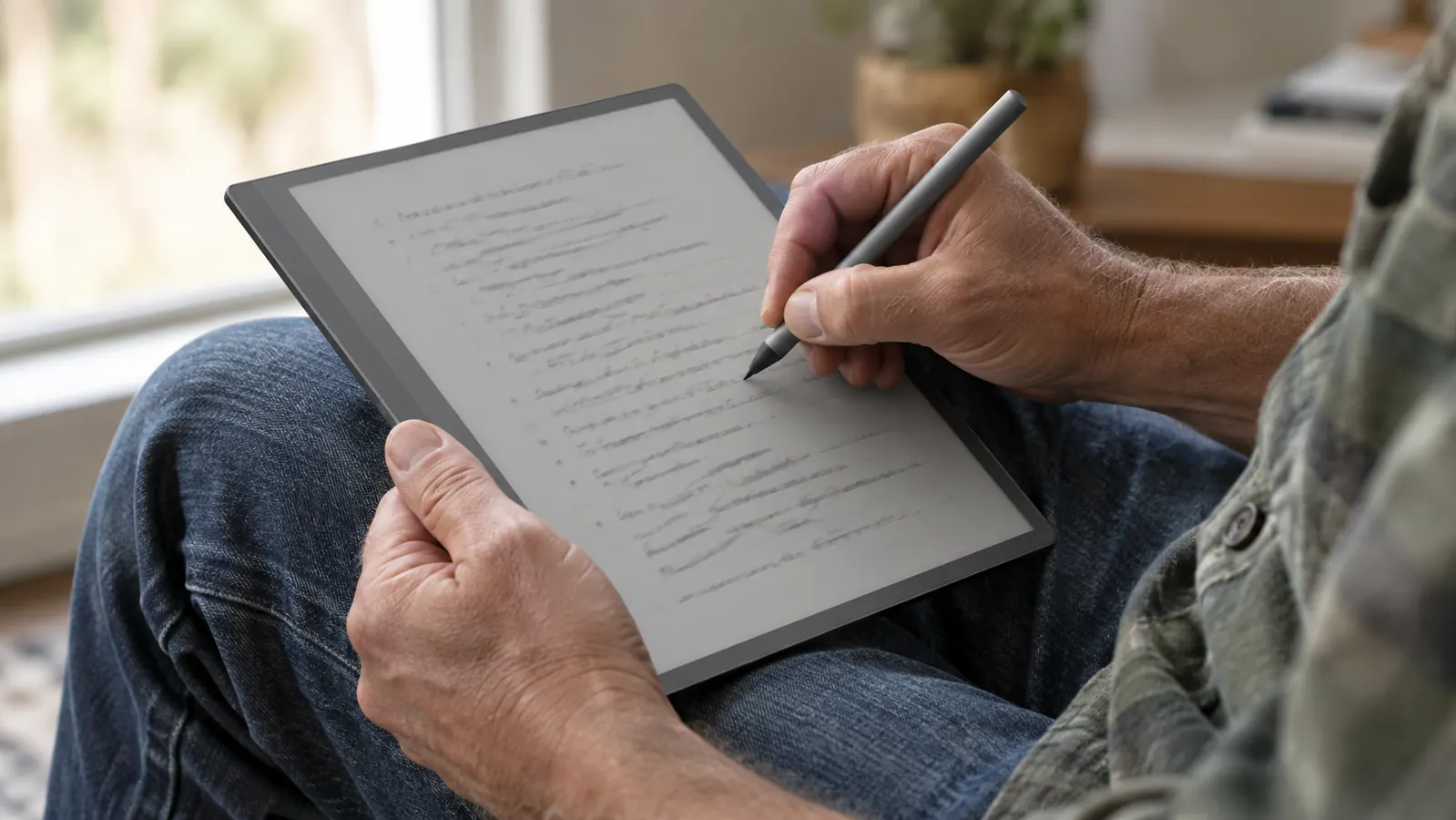 Close view of a hand writing on a large e-ink tablet with a stylus, the tablet resting on a lap.