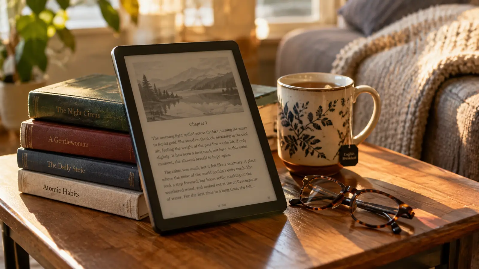 A large e-ink tablet leaning against a stack of books, with reading glasses and a mug of tea on a wooden side table.