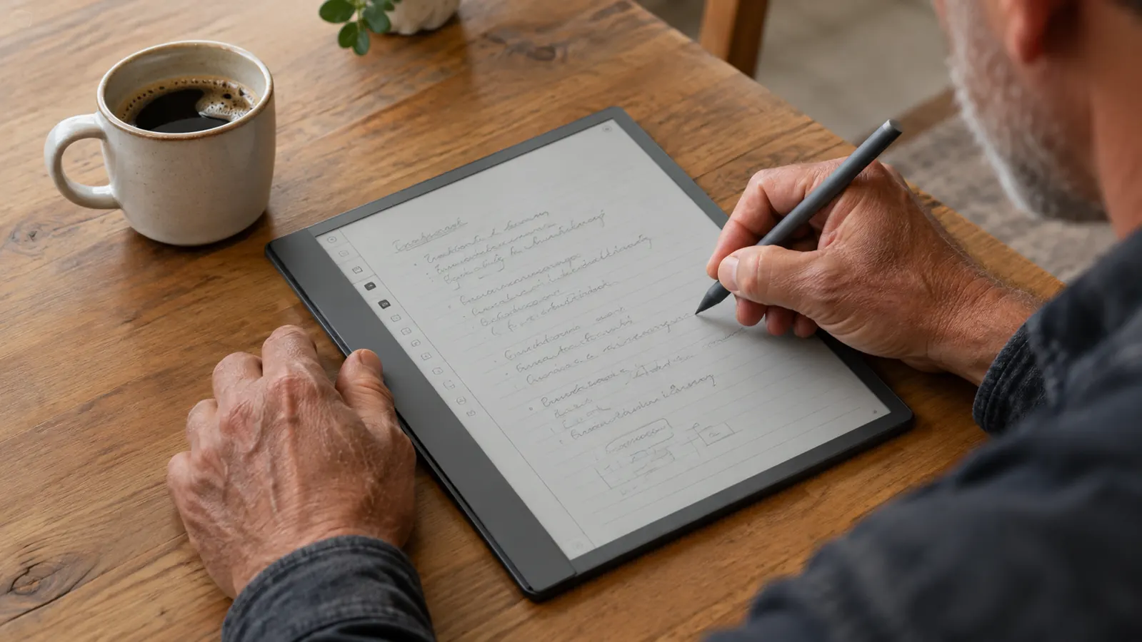 A hand writing with a stylus on a large e-reader screen, with handwritten notes visible