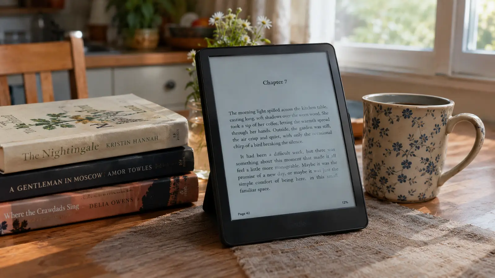 An e-reader on a kitchen table next to a mug and a stack of library books