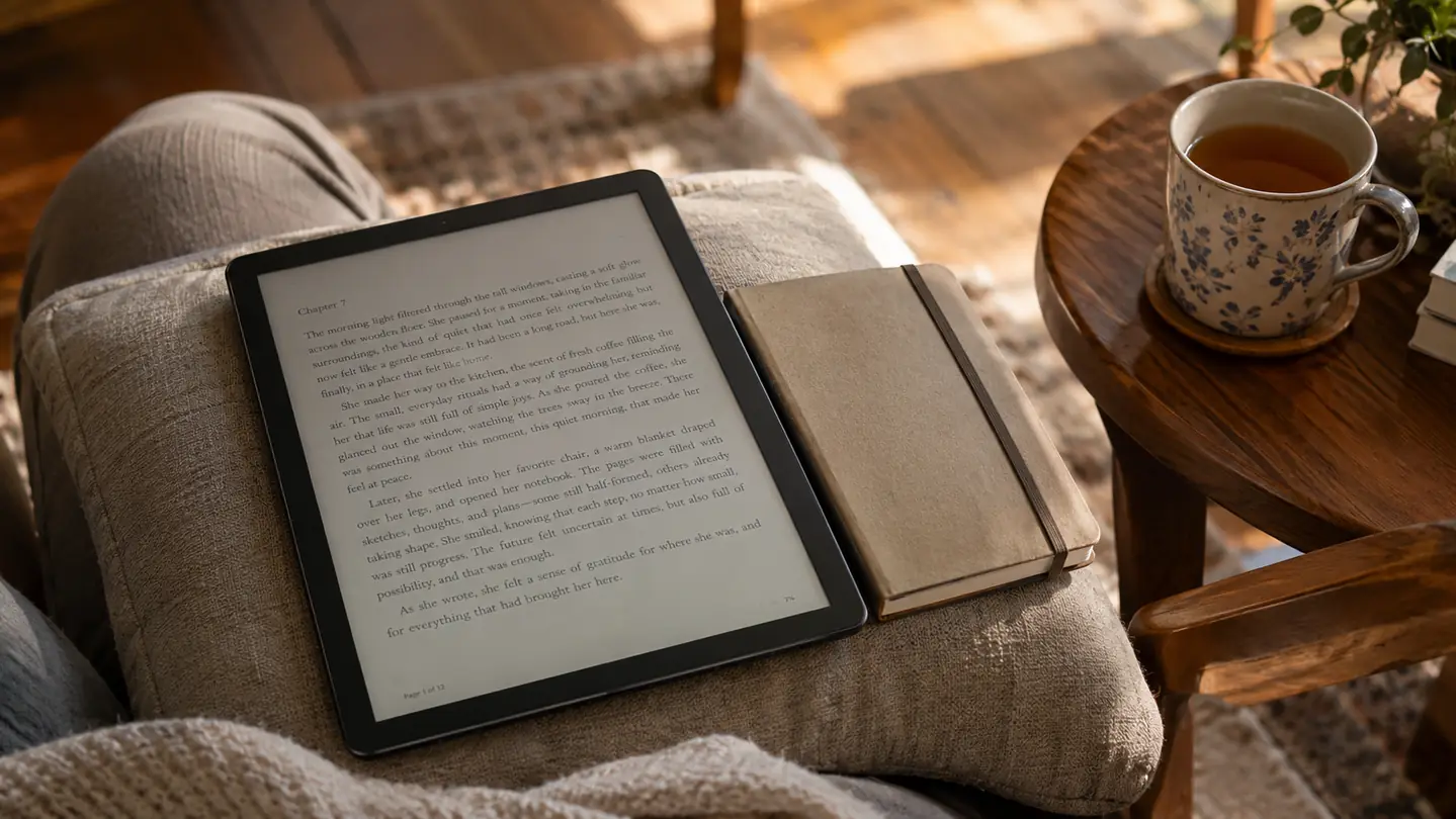 A large e-ink tablet resting on a lap cushion beside a closed paper notebook and a cup of tea on a small side table, warm afternoon light