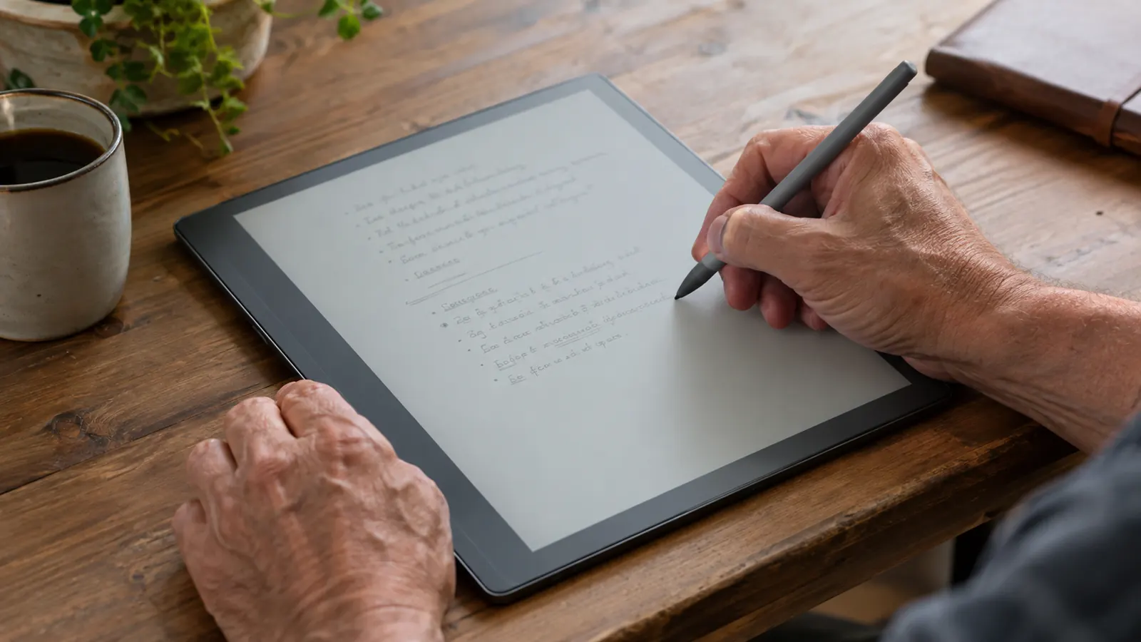 A hand writing on a large e-ink tablet with a stylus, the tablet lying on a wooden table