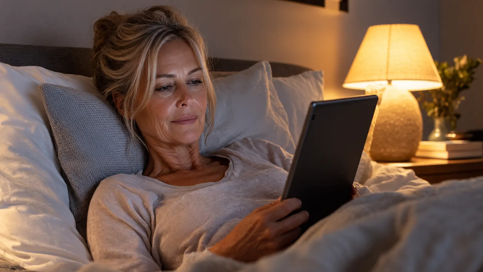 A woman in her sixties reading from a large e-ink tablet in bed before sleep, warm bedside lamp glowing