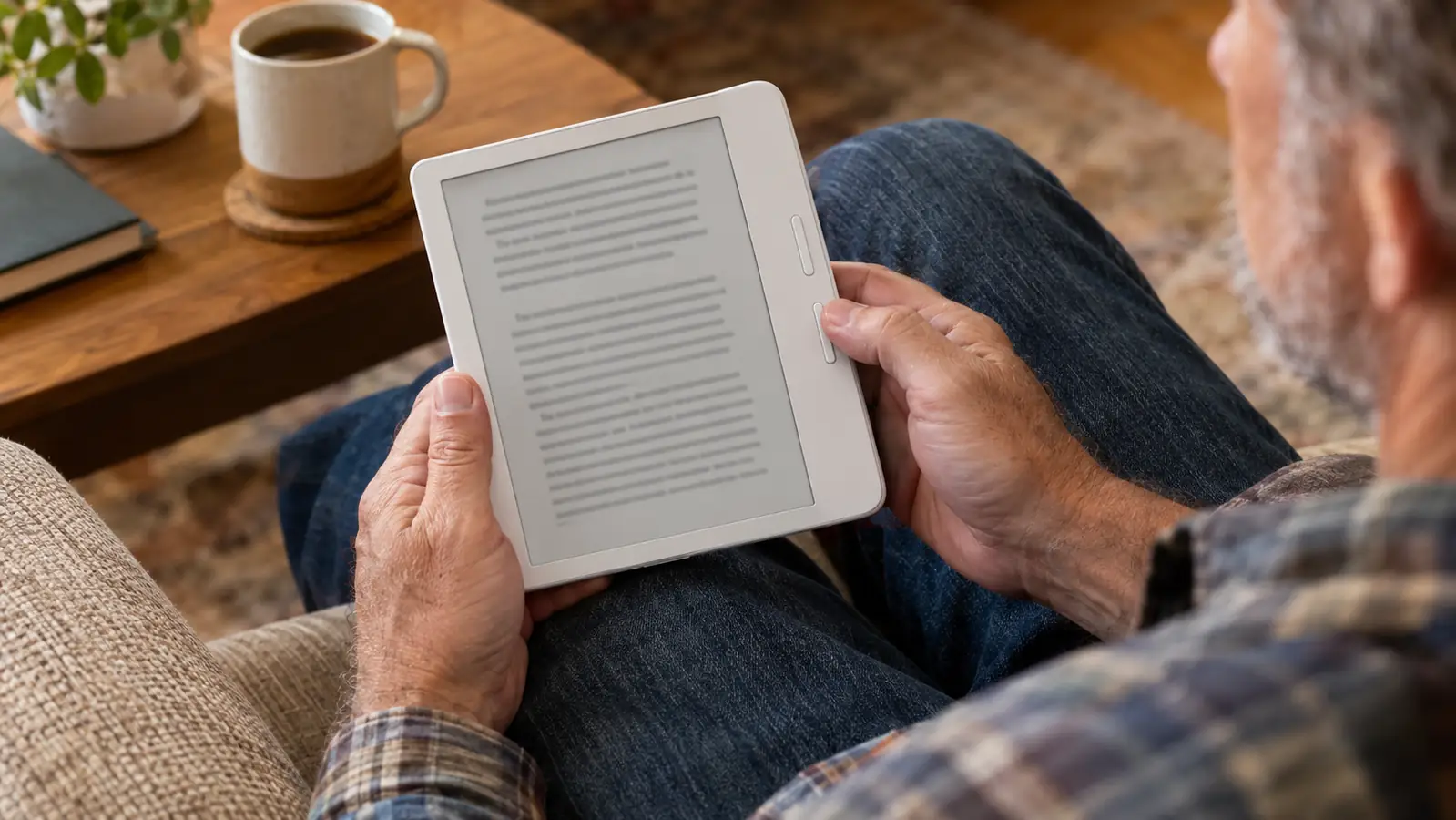 Close view of hands holding an e-reader while reading, warm indoor light