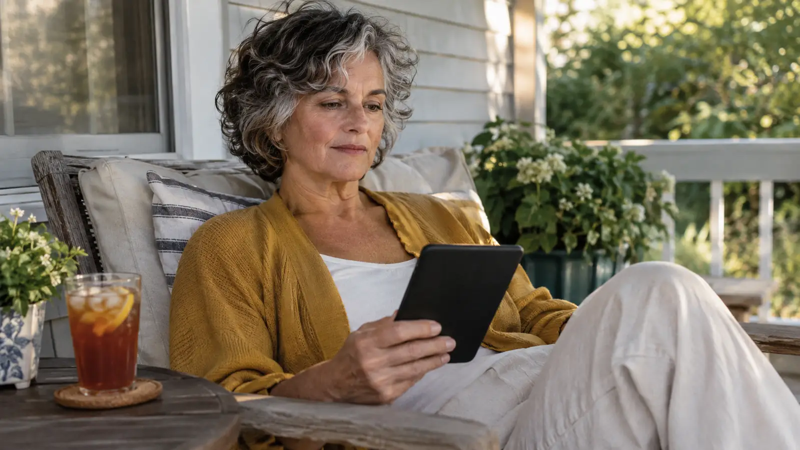 A woman in her sixties reading an e-reader on a back porch in summer, iced tea on a small table