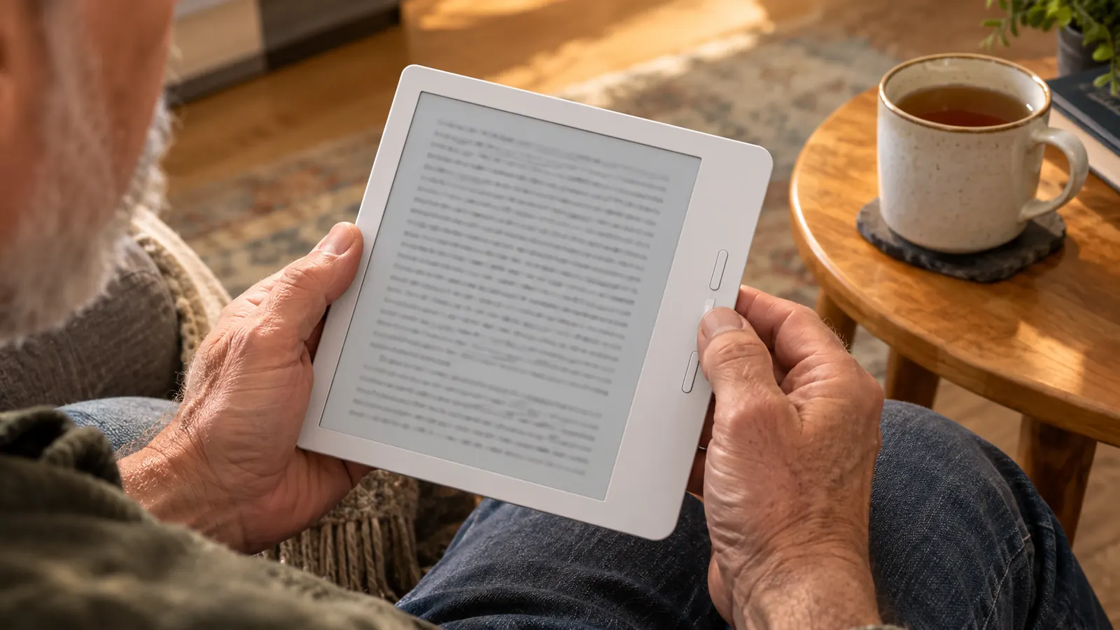 Close view of hands holding an e-reader with page-turn buttons beside a mug on a small table