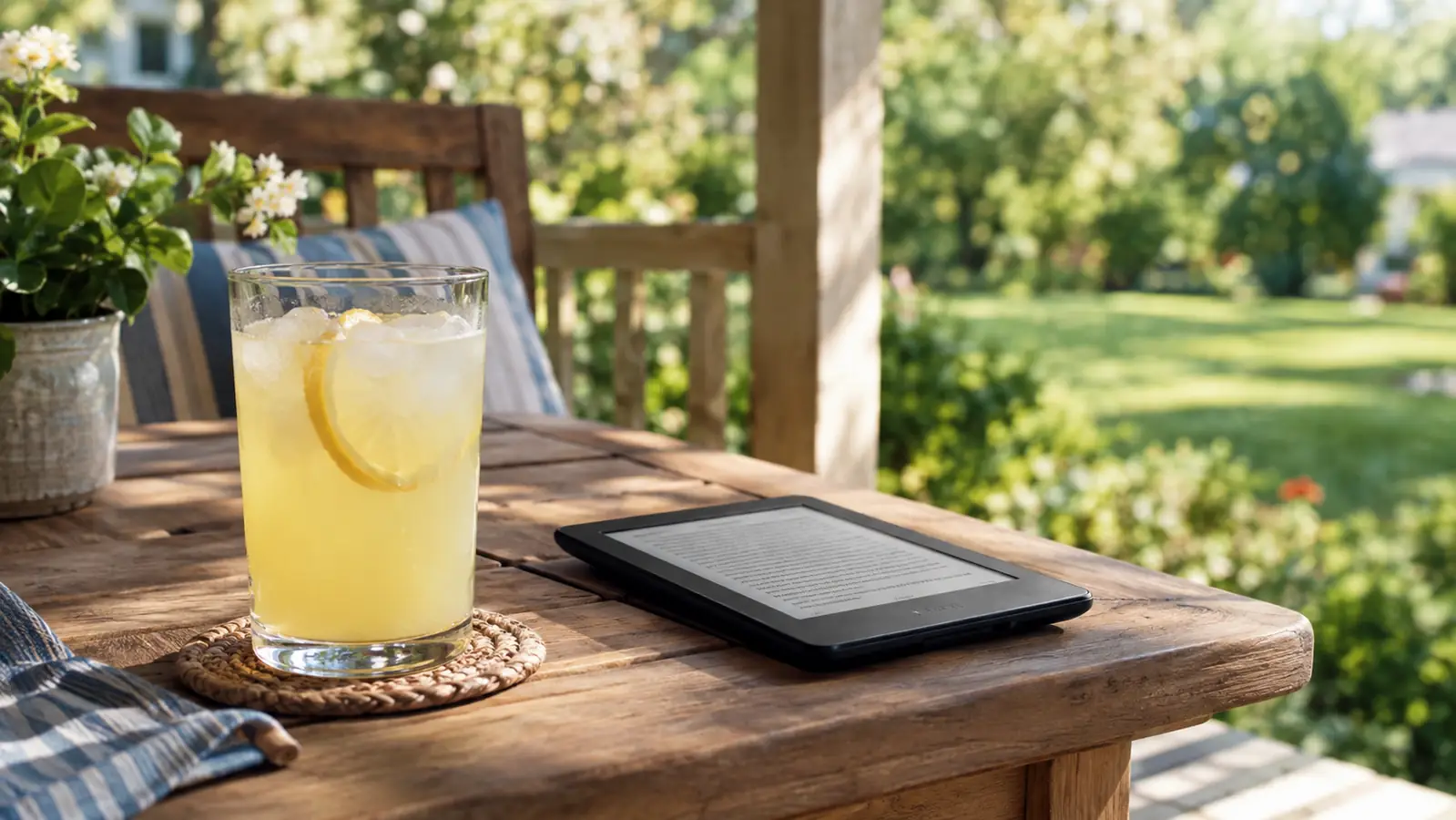 An e-reader resting on a porch table beside a glass of lemonade on a summer afternoon
