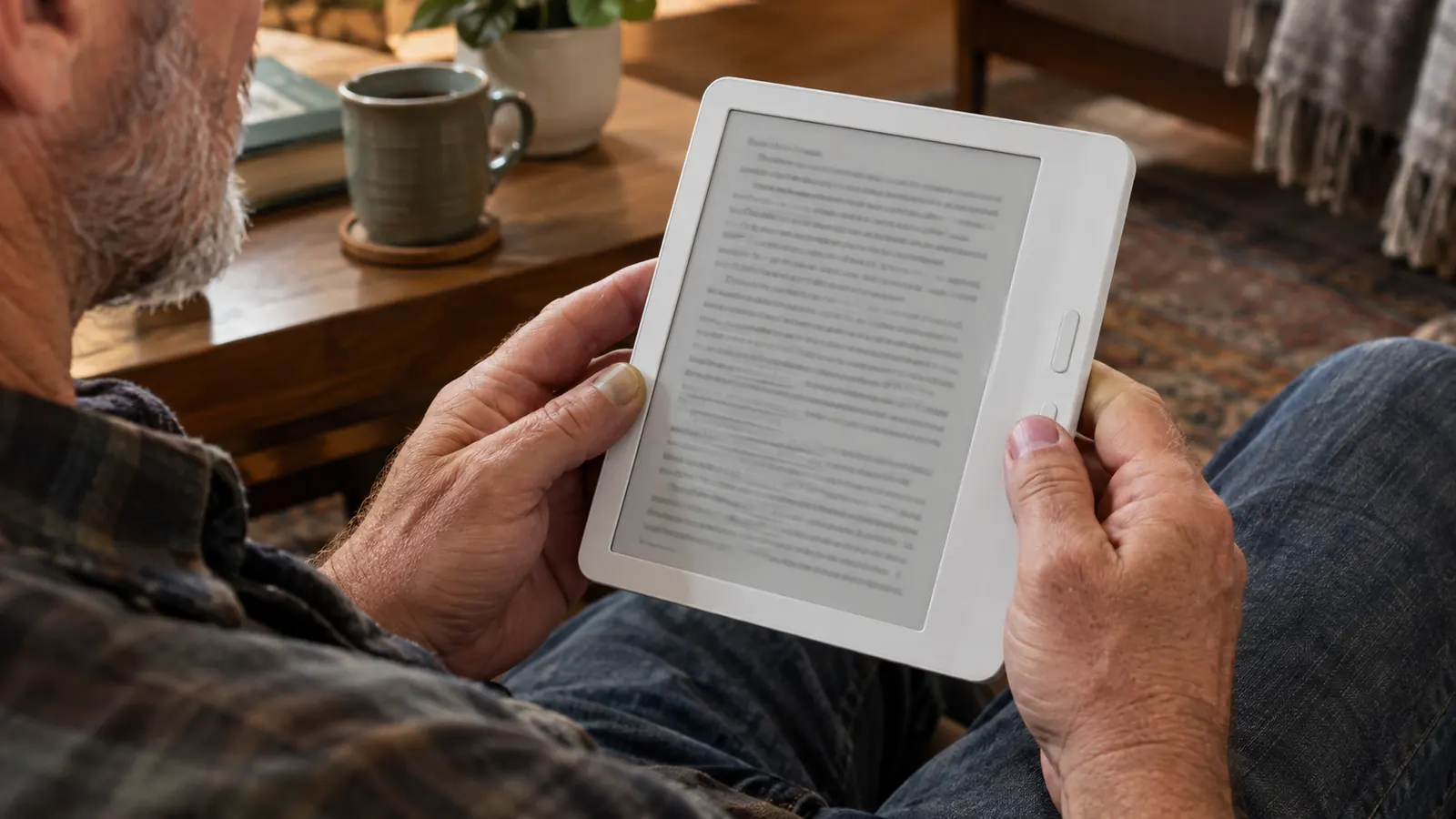 Close view of hands holding an e-reader, with a thumb resting on a physical page-turn button on the side of the device.