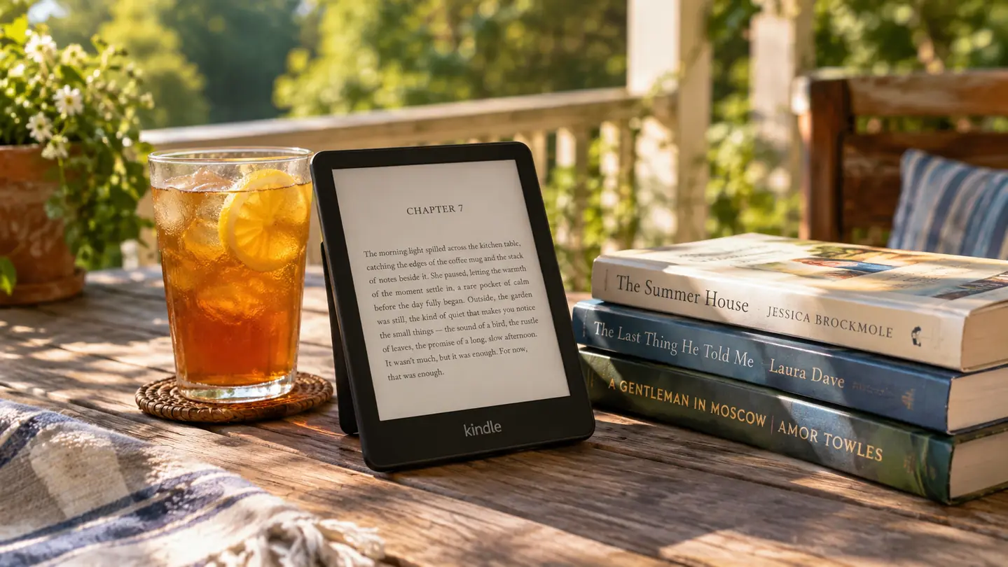 An e-reader propped on a wooden porch table beside a glass of iced tea and a small stack of library books, in late afternoon light.