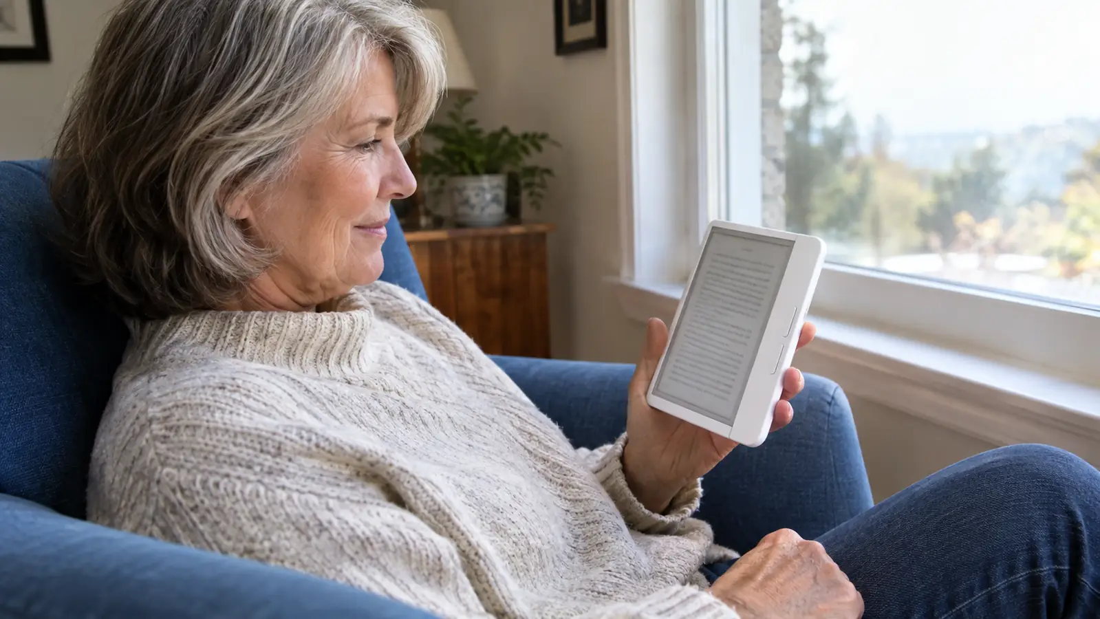 A hand holding an e-reader while the reader sits in a blue armchair near a window
